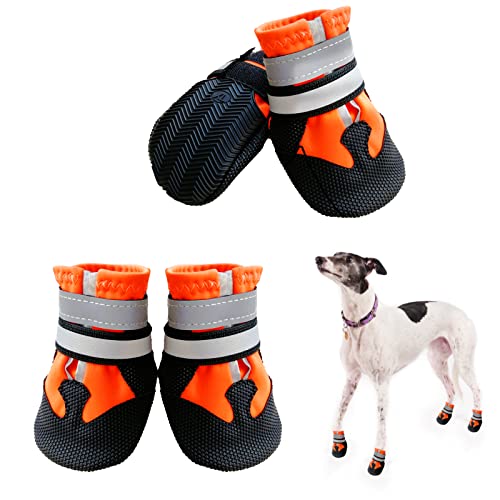 NeuWee Hundeschuhe, 4er-Set wasserdichte Hundeschuhe Anti-rutsch Hundestiefe mit reflektierendem Riemen, Regenschuhe Hundestiefel Pfotenschutz für Kleine Mittelgroße Große Hunde (M, Orange) von NeuWee