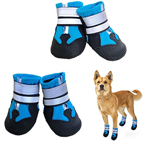 NeuWee Hundeschuhe, 4er-Set wasserdichte Hundeschuhe Anti-rutsch Hundestiefe mit reflektierendem Riemen, Regenschuhe Hundestiefel Pfotenschutz für Kleine Mittelgroße Große Hunde (L, Blau) von NeuWee