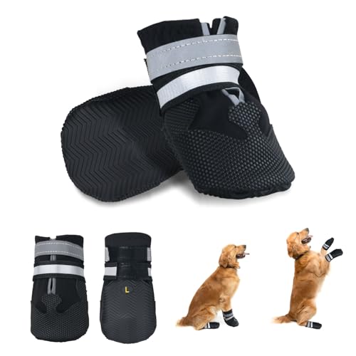 NeuWee Hundeschuhe Pfotenschutz, 4 Stück wasserdichte Hundeschuhe Anti-rutsch Hundestiefe mit Reflektierenden Riemen, Hundeschnee Stiefel für kleine, mittlere und große Hunde (Schwarz, XL) von NeuWee