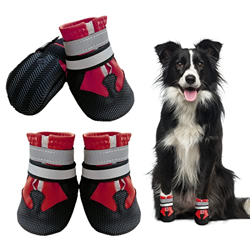 NeuWee Hundeschuhe Pfotenschutz, 4er-Set Wasserdicht Hundeschuhe mit Reflektierenden Riemen, Hundeschnee Stiefel Regenschuhe für Kleine, Mittelgroße und Große Hunde (L, Rot) von NeuWee