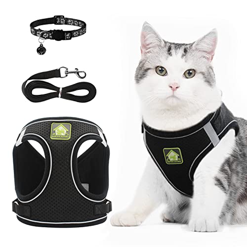 NeuWee Katzengeschirr mit Leine, Katzengeschirr Leine Set mit Katzenhalsband, Ausbruchsicheres Verstellbares Weiches Katze Geschirr mit Katzenleine für Welpe Kleiner Hund Große Katzen (Schwarz, XS) von NeuWee