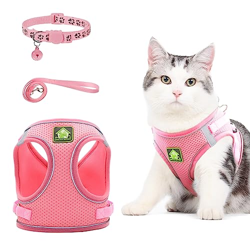 NeuWee Katzengeschirr mit Leine Ausbruchsicher, Katzengeschirr Leine Set mit Katzenhalsband, Katzenleine mit Geschirr für Katzen, Verstellbar Cat Harness für Welpen Kleine Hund Große Katzen(M, Rosa) von NeuWee