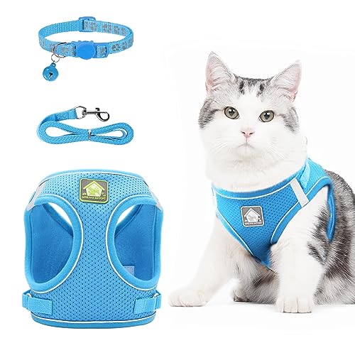 NeuWee Katzengeschirr mit Leine Ausbruchsicher, Katzengeschirr Leine Set mit Katzenhalsband, Katzenleine mit Geschirr für Katzen, Verstellbar Reflektierend Cat Harness für Kitten Hund(XS, Blau) von NeuWee