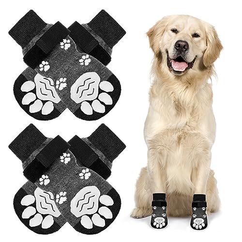 NeuWook 2 Paar Socken für Hunde, Anti-Rutsch Indoor Paw Protectoren, Doppelt Seitlich rutschfeste Hundesocken mit Einstellbaren Riemen für Hunde (Dunkelgrau, L) von NeuWook