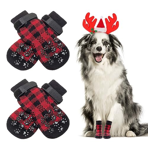 NeuWook 2 Paar Socken für Hunde, Anti-Rutsch Indoor Paw Protectoren, Doppelt Seitlich rutschfeste Hundesocken mit Einstellbaren Riemen für Hunde (L, Rot) von NeuWook