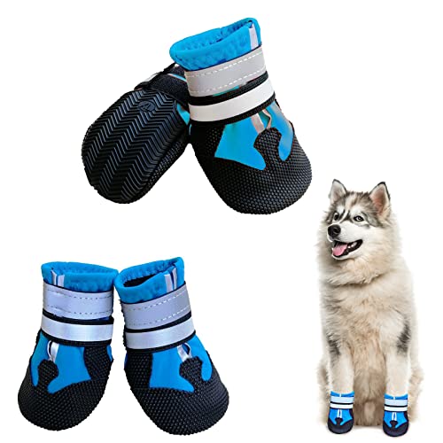 NeuWook Hundeschuhe, 4er-Set wasserdichte Hundeschuhe Anti-rutsch Hundestiefe mit reflektierendem Riemen, Breathable Hundestiefel Pfotenschutz für Kleine Mittelgroße Hunde (XXL, Blau) von NeuWook