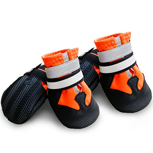NeuWook Hundeschuhe, 4er-Set wasserdichte Hundeschuhe Anti-rutsch Hundestiefe mit reflektierendem Riemen, Breathable Hundestiefel Pfotenschutz für Kleine Mittelgroße Hunde (L, Orange) von NeuWook