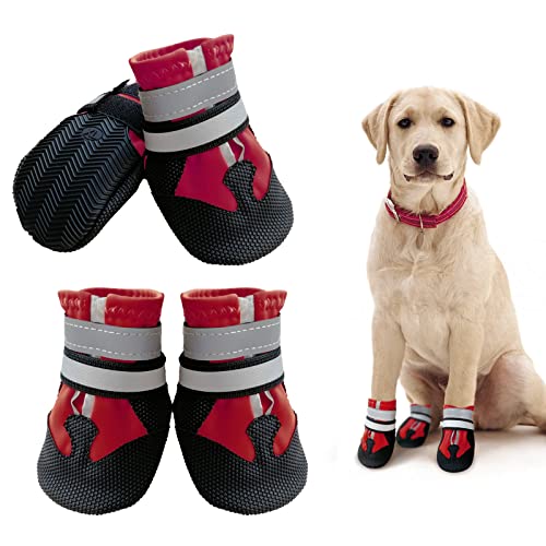 NeuWook Hundeschuhe, 4er-Set wasserdichte Hundeschuhe Anti-rutsch Hundestiefe mit reflektierendem Riemen, Breathable Hundestiefel Pfotenschutz für Kleine Mittelgroße Hunde (XXL, Rot) von NeuWook