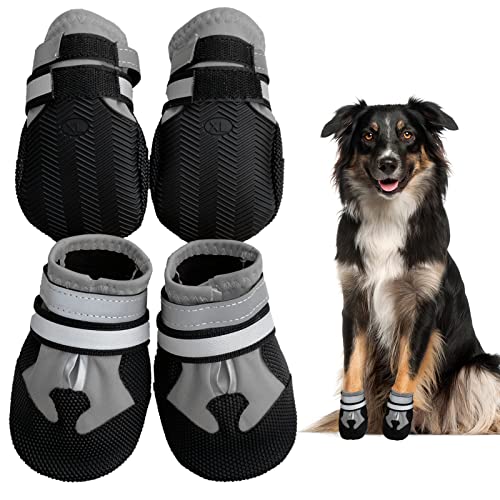 NeuWook Hundeschuhe, 4er-Set wasserdichte Hundeschuhe Anti-rutsch Hundestiefe mit reflektierendem Riemen, Breathable Hundestiefel Pfotenschutz für Kleine Mittelgroße Hunde (XXL, Grau) von NeuWook