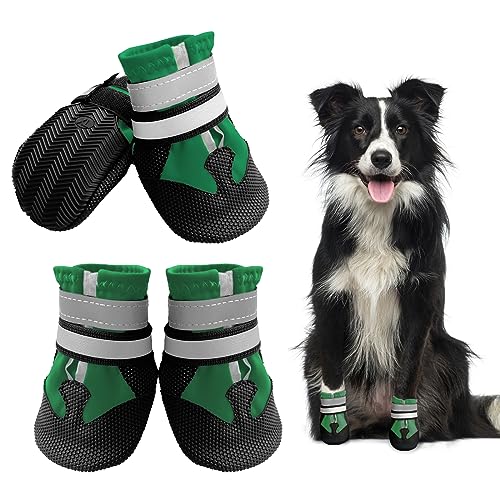 NeuWook Hundeschuhe, 4er-Set wasserdichte Hundeschuhe Anti-rutsch Hundestiefe mit reflektierendem Riemen, Breathable Hundestiefel Pfotenschutz für Kleine Mittelgroße Hunde (XXL, Grün) von NeuWook