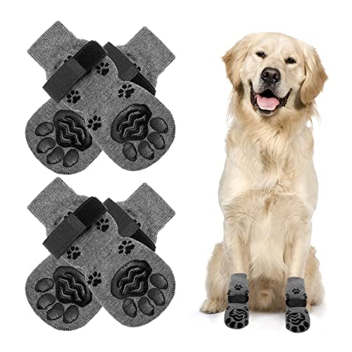 NeuWook Socken für Hunde, 2 Paar Anti-Rutsch Indoor Paw Protectoren, Doppelt Seitlich rutschfeste Hundesocken mit Einstellbaren Riemen für Hunde(Grau,M) von NeuWook