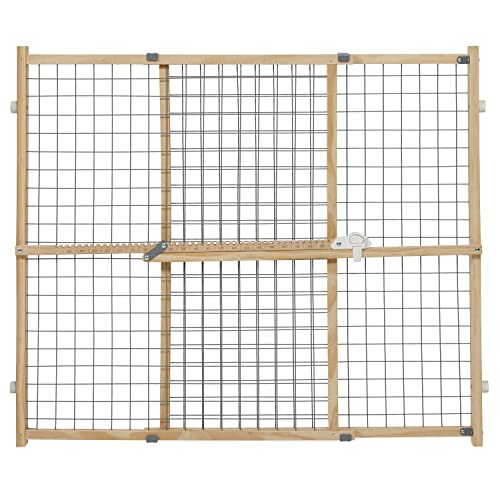 New World B2932WWM-2 Haustier-Absperrung, Holz, extra breit, keine Schäden an Wand, kein Werkzeug nötig, patentierter Sperrarm, Hundetor 81 x 74–127 cm (H x B), natürliches Holz/hellgraues Gitter von New World