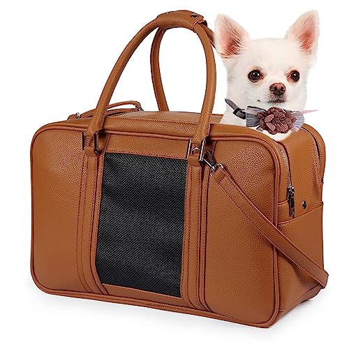 NewEle Fashion Dog Purse Carrier for Small Dogs with 2 Extra Pockets, Holds Up to 10 lbs PU Leather Cloth Pet Carrier, Cat Carrier, Airline-Approved Puppy Carrier for Travel (Braun, Small Size) von NewEle