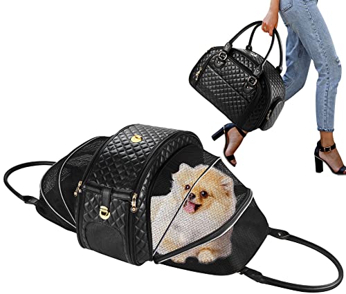 NewEle Hundetragetasche für kleine Hunde, zweiseitig erweiterbar, für kleine Hunde, hält bis zu 4,5 kg, PU-Leder, Haustiertrage, Katzenträger, von Fluggesellschaften zugelassene Welpenbörse für Reisen von NewEle