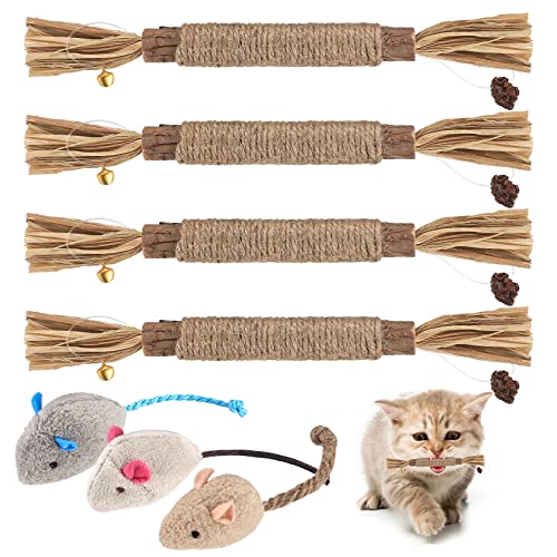 Newoutset 4 Stück Natural Silvervine Katzenminze Sticks, Matatabi Katzenminze Spielzeug, mit 3 Stück Katze Maus Spielzeug, für Indoor Katzen, Zahnreinigung, Zahnen, Katzenspielzeug Sticks von Newoutset