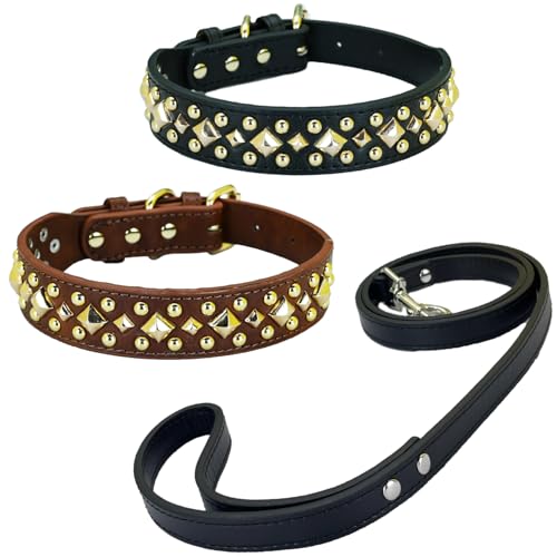 Newtensina 3 Stück Anti Bite Nieten Hundehalsband und Leine Welpenhalsband mit Gold Quadratische Spikes für kleine Hunde große Hunde - Schwarz - XL Newtensina 3 Stück Anti Bite Nieten Hundehalsband und Leine Welpenhalsband mit Gold Quadratische Spikes für kleine Hunde große Hunde - Schwarz - XL von Newtensina