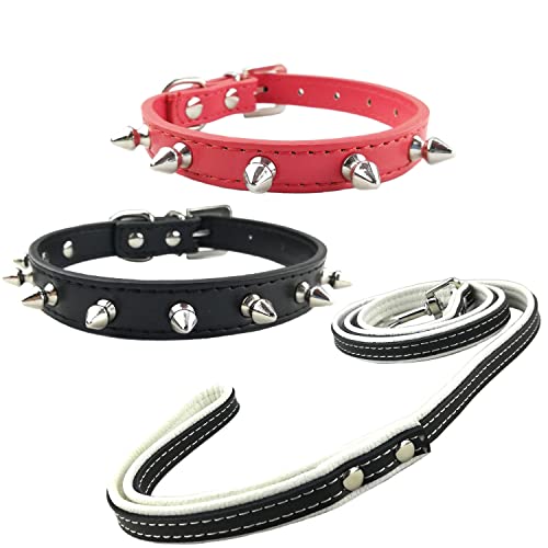 Newtensina 3 Stück Hunde Halsband und Leine Set Punk Nieten Welpen Halsband mit Kontrastfarbe Leinen für kleine Hunde Mittlere Hunde von Newtensina