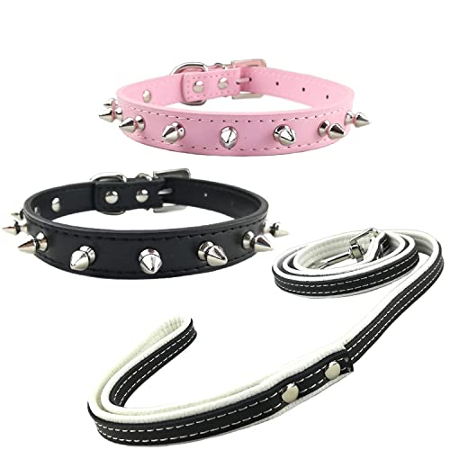Newtensina 3 Stück Hunde Halsband und Leine Set Punk Nieten Welpen Halsband mit Kontrastfarbe Leinen für kleine Hunde Mittlere Hunde von Newtensina