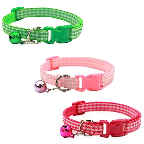 Newtensina 3 Stück Plaid Katzenhalsband mit Glöckchen für Katze - GreenPinkRoseo von Newtensina