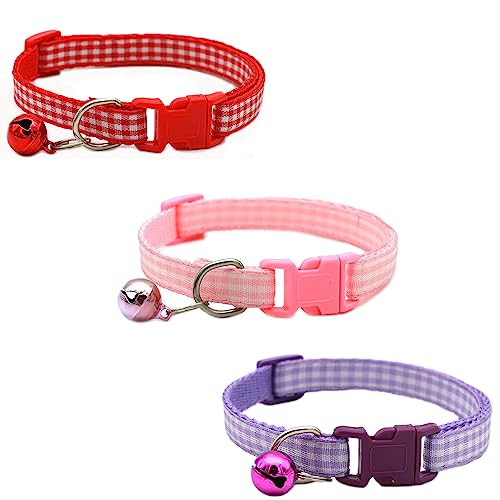 Newtensina 3 Stück Plaid Katzenhalsband mit Glöckchen für Katzen - Rot/Pink/Lila von Newtensina