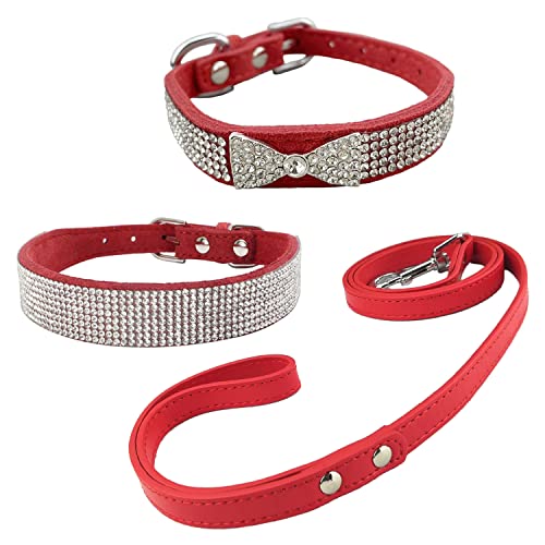 Newtensina 3 Stück Strass Hundehalsband und Leine Welpenhalsband mit Leinen für kleine Hunde und Katzen – Rot – XS von Newtensina