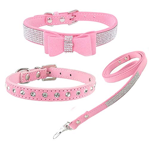 Newtensina 3 Stück stilvolle Hundehalsband und Leine Set süße weiche Wildleder Bling Hundehalsband mit Fliege Welpen Halsband und Leine für kleine Hunde Katzen - Pink - M von Newtensina