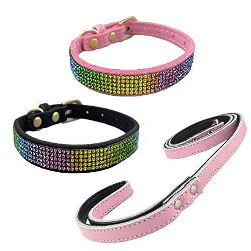 Newtensina 3 Stücke Bunt Diamant Hundehalsband und Leine Regenbogen Farbig Welpenhalsband mit Leinen für Kleine Hunde - PinkBlack - M von Newtensina