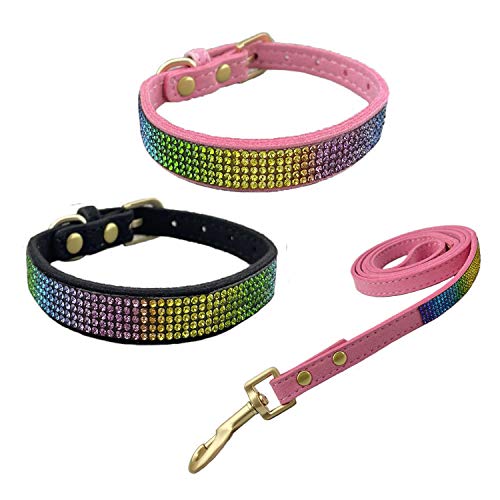 Newtensina 3 Stücke Bunt Diamant Hundehalsband und Leine Regenbogen Farbig Welpenhalsband mit Leinen für Kleine Hunde - PinkBlack - XS von Newtensina