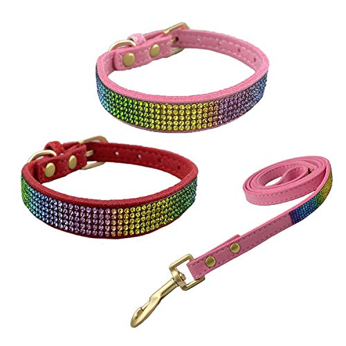 Newtensina 3 Stücke Bunt Diamant Hundehalsband und Leine Regenbogen Farbig Welpenhalsband mit Leinen für Kleine Hunde - PinkRed - M von Newtensina