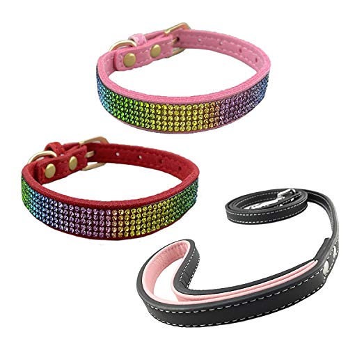 Newtensina 3 Stücke Bunt Diamant Hundehalsband und Leine Regenbogen Farbig Welpenhalsband mit Leinen für Kleine Hunde - PinkRed - XXS von Newtensina