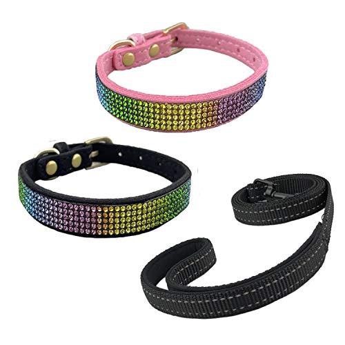 Newtensina 3 Stücke Bunt Diamant Hundehalsband und Leine Regenbogen Farbig Welpenhalsband mit Reflektierend Leinen für Kleine Hunde - PinkBlack - XS von Newtensina
