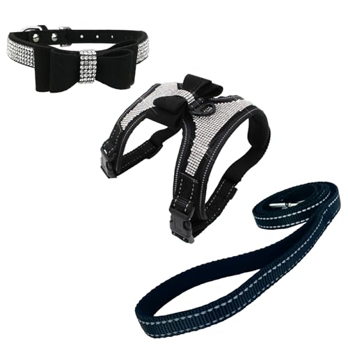Newtensina 3 Stücke Fliegen Bling Niedlich Hundegeschirr und Hundehalsband mit Leine für Hund - Schwarz - S von Newtensina