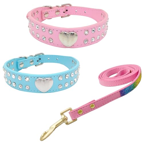 Newtensina 3 Stücke Hundehalsband mit Leine PU Leder Niedliches Herz Hundehalsband und Leine für kleine Hunde - RosaBlau - XS von Newtensina