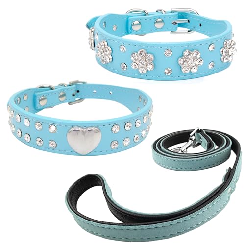 Newtensina 3 Stücke Hundehalsband und Leine Set Diamanti Blume Herz Hundehalsband mit Leine für kleine Hunde - Blau - XS Newtensina 3 Stücke Hundehalsband und Leine Set Diamanti Blume Herz Hundehalsband mit Leine für kleine Hunde - Blau - XS von Newtensina