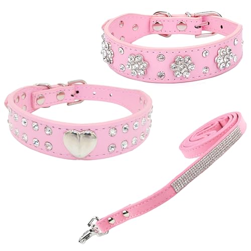 Newtensina 3 Stücke Hundehalsband und Leine Set Diamanti Blume Herz Hundehalsband mit Leine für kleine Hunde - Rosa - XS von Newtensina