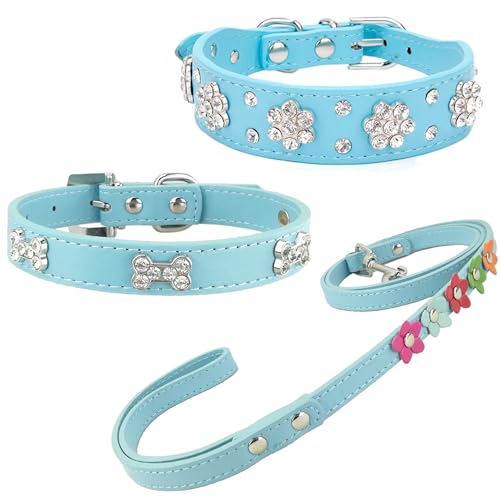 Newtensina 3 Stücke Hundehalsband und Leine Set Diamanti Blume Knochen Hundehalsband mit Leine für kleine Hunde - Blau - XS Newtensina 3 Stücke Hundehalsband und Leine Set Diamanti Blume Knochen Hundehalsband mit Leine für kleine Hunde - Blau - XS von Newtensina