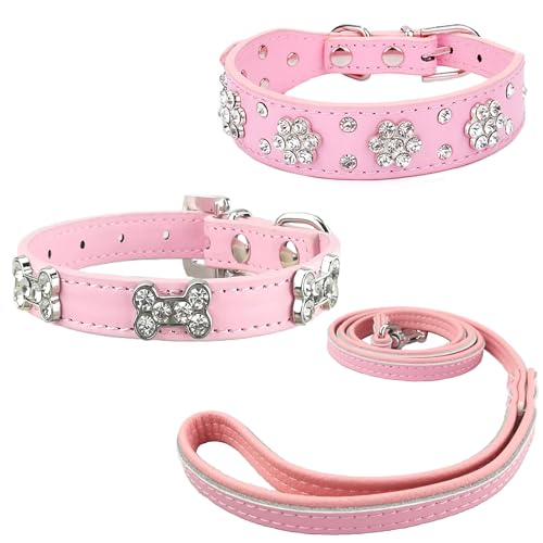Newtensina 3 Stücke Hundehalsband und Leine Set Diamanti Blume Knochen Hundehalsband mit Leine für kleine Hunde - Rosa - S von Newtensina