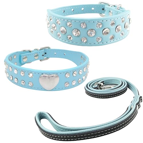 Newtensina 3 Stücke Hundehalsband und Leine Set Diamanti Herz Hundehalsband mit Leinen für kleine Hunde - Blau - M von Newtensina