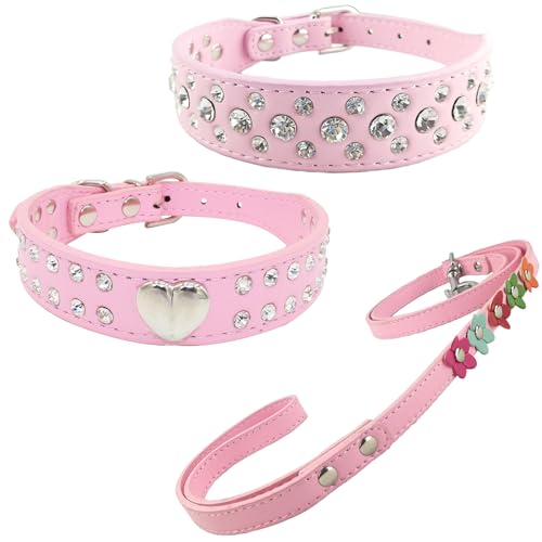 Newtensina 3 Stücke Hundehalsband und Leine Set Diamanti Herz Hundehalsband mit Leinen für kleine Hunde - Rosa - XXS von Newtensina