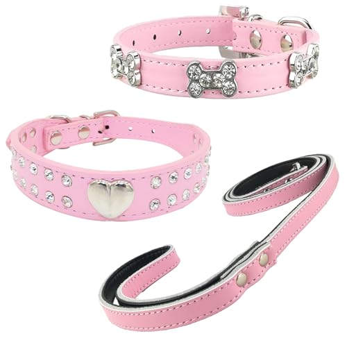 Newtensina 3 Stücke Hundehalsband und Leine Set Diamanti Herz Knochen Hundehalsband mit Leine für kleine Hunde - Rosa - M von Newtensina