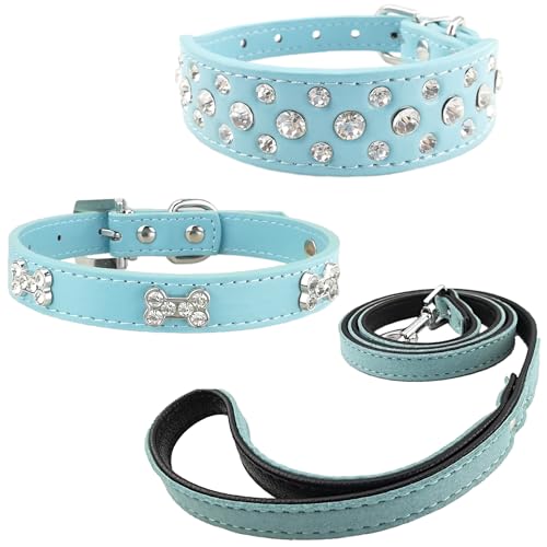 Newtensina 3 Stücke Hundehalsband und Leine Set Diamanti Knochen Hundehalsband mit Leinen für kleine Hunde - Blau - XS Newtensina 3 Stücke Hundehalsband und Leine Set Diamanti Knochen Hundehalsband mit Leinen für kleine Hunde - Blau - XS von Newtensina