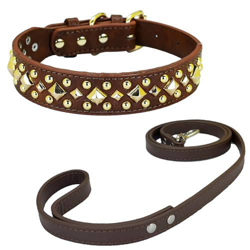 Newtensina Anti Biss Nieten Hundehalsband und Leine Welpenhalsband mit goldenen quadratischen Spikes für kleine Hunde große Hunde - Braun - XS Newtensina Anti Biss Nieten Hundehalsband und Leine Welpenhalsband mit goldenen quadratischen Spikes für kleine Hunde große Hunde - Braun - XS von Newtensina