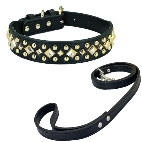 Newtensina Anti Biss Nieten Hundehalsband und Leine Welpenhalsband mit goldenen quadratischen Spikes für kleine Hunde große Hunde - Schwarz - M Newtensina Anti Biss Nieten Hundehalsband und Leine Welpenhalsband mit goldenen quadratischen Spikes für kleine Hunde große Hunde - Schwarz - M von Newtensina