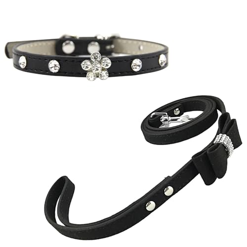 Newtensina Bling Welpe Kragen Niedlich Hundehalsband und Fliege Leine mit Diamanti für Kleine Hunde Katzen - Schwarz - XXS von Newtensina