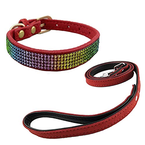 Newtensina Bunt Diamant Hundehalsband und Leine Regenbogen Farbig Welpenhalsband mit Leinen für Hunde - Red - M von Newtensina