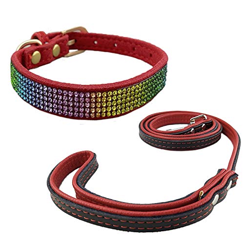Newtensina Bunt Diamant Hundehalsband und Leine Regenbogen Farbig Welpenhalsband mit Leinen für Hunde - Red - XS von Newtensina