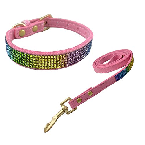 Newtensina Bunt Diamant Hundehalsband und Leine Regenbogen Farbig Welpenhalsband mit Leinen für Kleine Hunde - Pink - XS von Newtensina