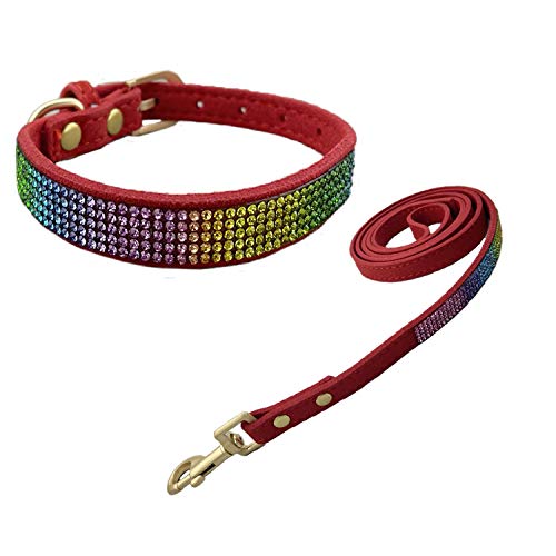 Newtensina Bunt Diamant Hundehalsband und Leine Regenbogen Farbig Welpenhalsband mit Leinen für Kleine Hunde - Red - M von Newtensina