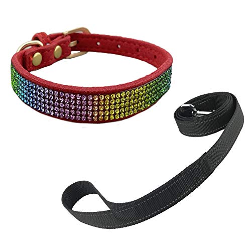 Newtensina Bunt Diamant Hundehalsband und Reflektierend Leine Regenbogen Farbig Welpenhalsband mit Leinen für Hunde - Red - M von Newtensina