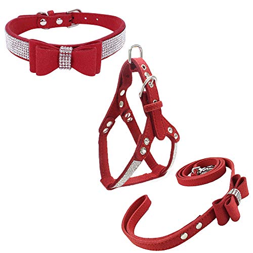 Newtensina Fliegen Hundehalsband & Geschirr & Blei-Sets Komfortables weiches Welpenhalsband Diamante mit Geschirr- und Leinen-Set für Hund - Red - M von Newtensina